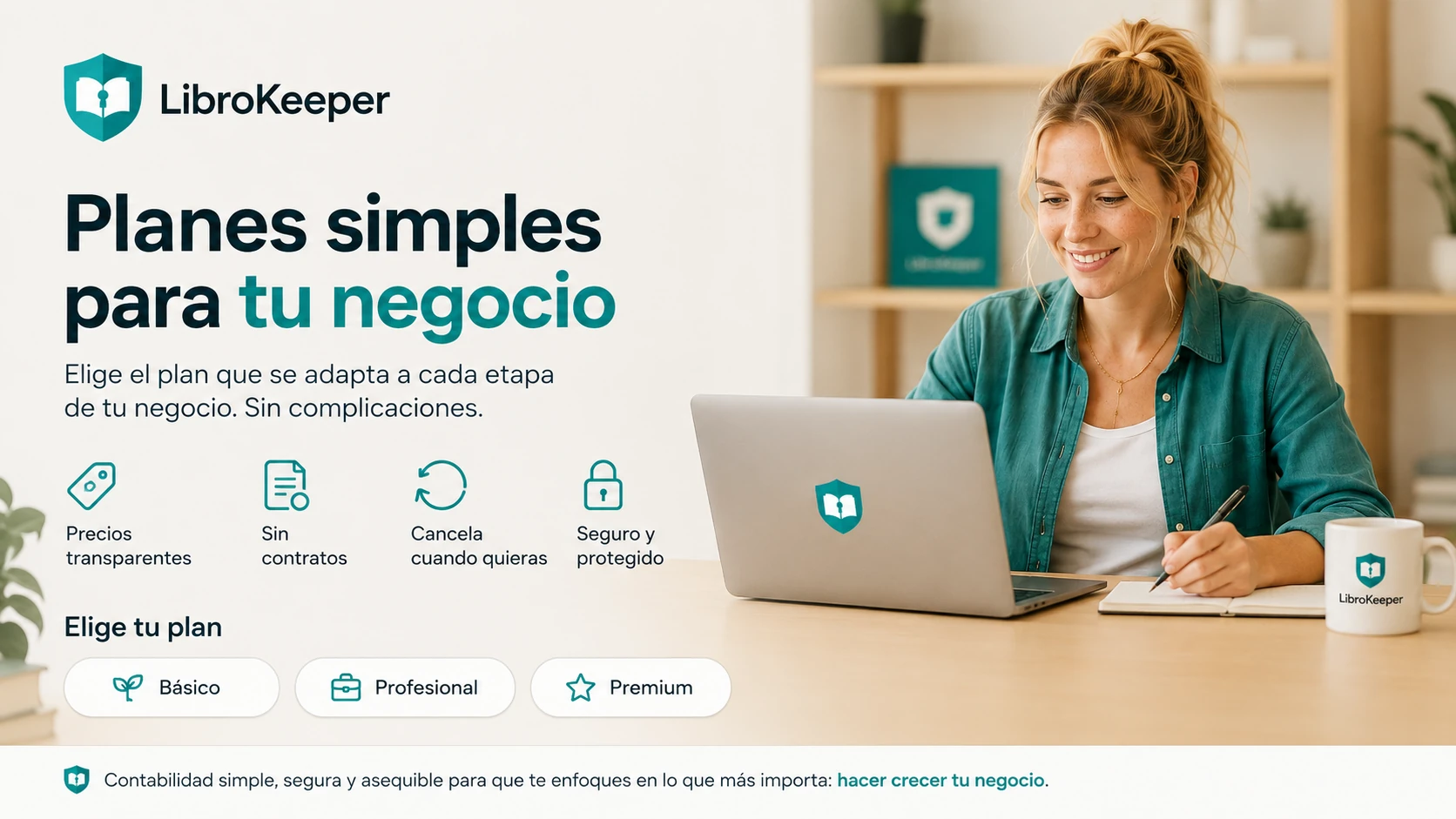 Dueña de negocio revisando los planes y precios de LibroKeeper en su computadora